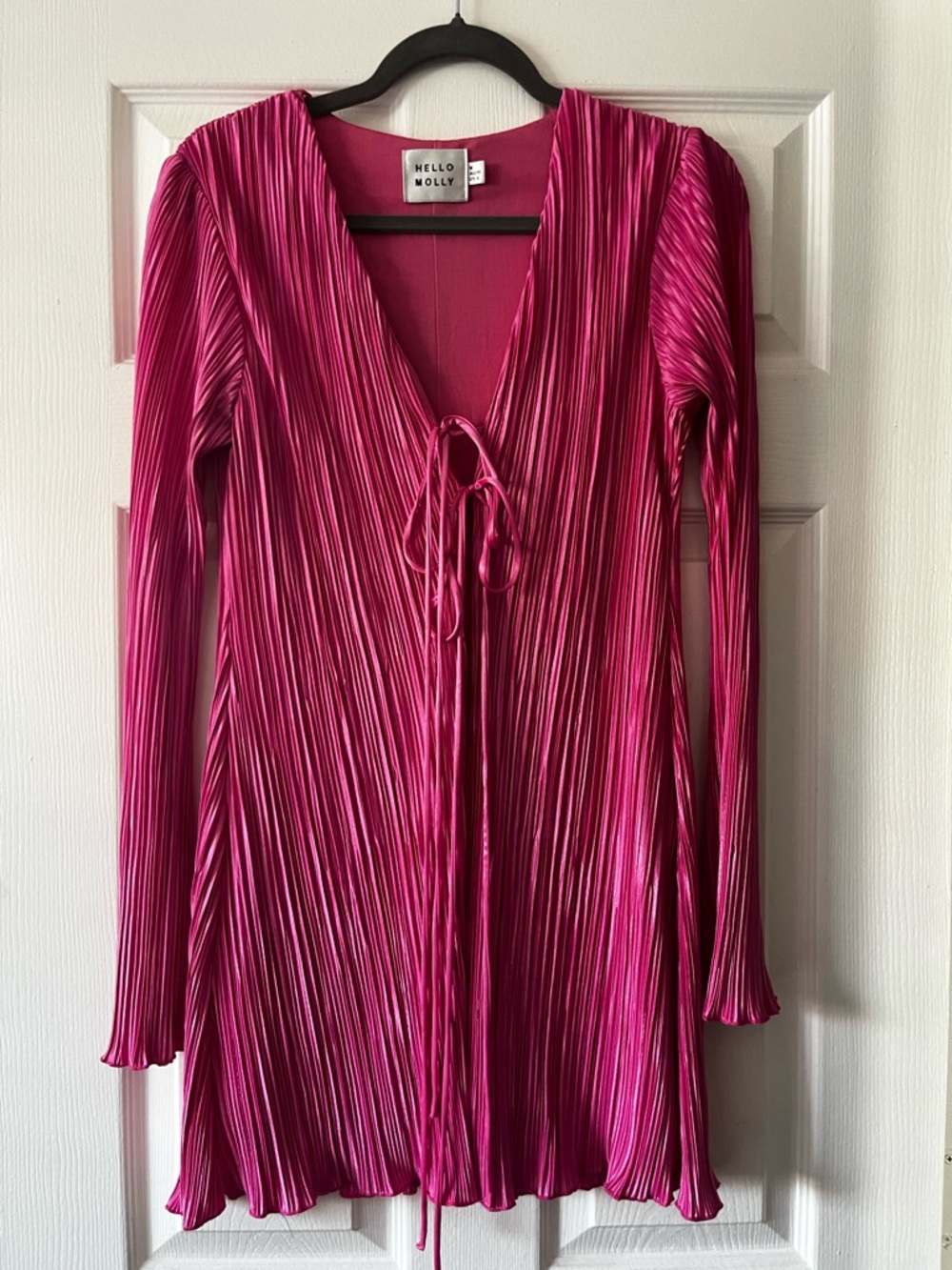 Hello Molly Fuchsia Pleated Tie-Front Long Sleeve Dress